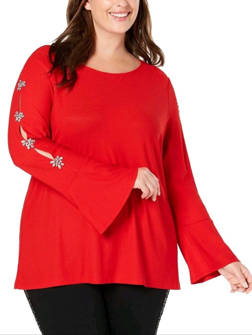 NWT INC International Concepts Plus Size Women’s Embellished Sleeve Top Red 1X